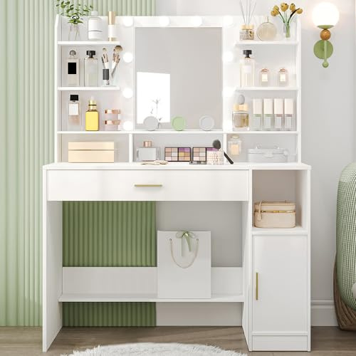 Hzuaneri Dressing Table, Large Tabletop with Mirror, LED Light with Adjustable Brightness, Organiser Drawers and Storage Cabinets, Open Shelves, for Bedroom, Cloakroom, White DT19903XUK