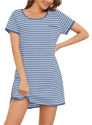 Namatime Camicia da notte da donna, a maniche corte, in cotone, estiva, girocollo, a strisce, taglie S-XXL