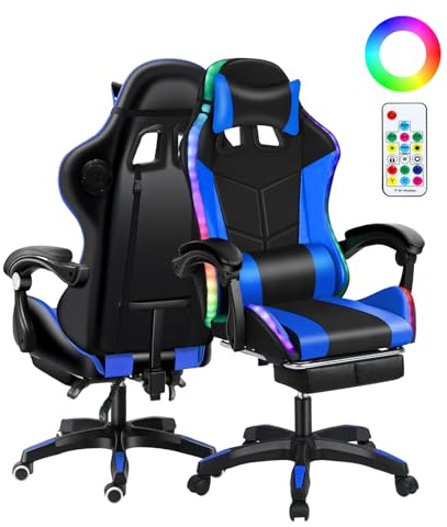 cukoekim Gaming-Stuhl mit Bluetooth-Lautsprechern & RGB-LED-Lichtern, ergonomischer Massage-Computerstuhl, höhenverstellbar, Videospielstuhl mit 360° drehbarem Sitz und Kopfstütze, hohe Rückenlehne