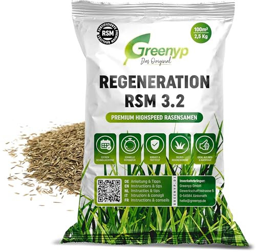 Greenyp Turbo Nachsaat RSM 3.2 I Rasensamen schnellkeimend Frühjahr I 2,5kg für 100m² I Ideal gegen Lücken als Neu- & Nachsaat I 100% RSM Rasensamen I Grassamen Rasensaat Gras Reparaturrasen