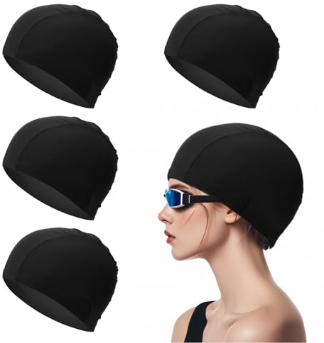 TUONYIS 4 Pièces Bonnets de Bain Élastique, Bonnet de Piscine en Tissu Polyester, Bonnets de Natation Confortables en Tissu pour Sports Nautiques pour Femmes Hommes Enfants (Noir) (Noir)