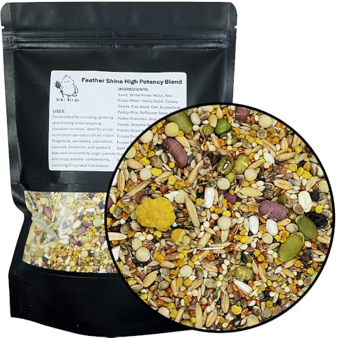 KikiBirds Feather Shine High Potency Blend with Bee Pollen & Freeze-Dried Sprouts - Premium Parrot Food for Molting, Breeding & Growth - Omega Rich | 17.5% Plant Protein | USA-Made