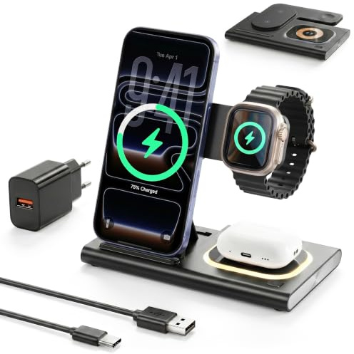 Aimtel 3 in 1 Ladestation für Apple Watch iPhone Faltbare&Nachtlichter | Induktive Ladestation für iPhone 17 Pro Max/17/16/15,Apple Watch 11/Ultra 3/10/9/8/Air-Pods Kabelloses Ladegerät,18W Adapter