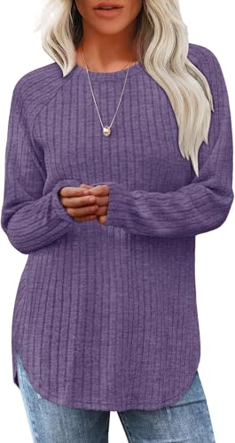 TrendiMax Damen Langarmshirt Herbst Leichte Strickpullover Rundhals Langarm Oberteile Casual Sweatshirt Tunika Tops
