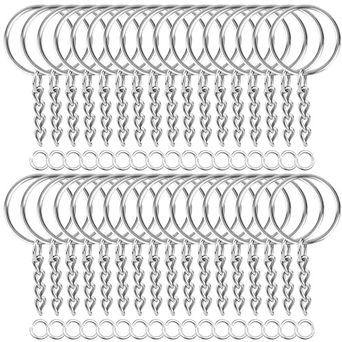 Qixuer 120 Stück Metall Schlüsselringe, 25mm Schlüsselanhänger Ringe mit Gliederketten (mit Öffnungsringen) Schlüsselringe DIY Schlüsselring Basteln Zubehör Silber