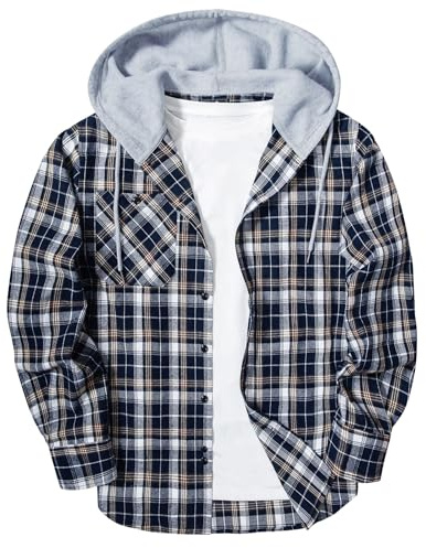 SwissWell Chemise Flanelle Homme à Capuche Chemise à Carreaux Manches Longues Veste Chemises de Bûcheron Travail,D117 Bleu Foncé Blanc,L