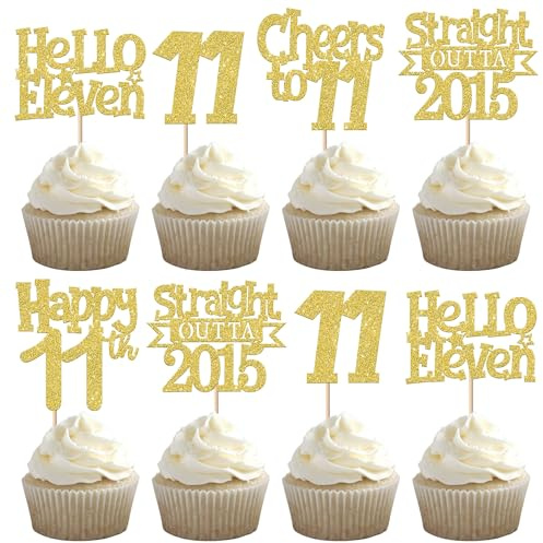 SYKYCTCY 30 Pack Straight Outta 2015 Cupcake Toppers Glitter Hello Eleven Happy 11st Birthday Cupcake Picks Cheers to 11 Years Cake Decorations for Baby Shower 11st Birthday Party Supplies Gold