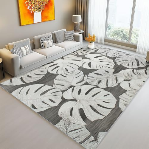 Machine Washable Rugs, Abstract Plant Monstera Leaf Easy Care Pile Area Rugs Living Room Large Rug 160 x 230 cm- Dining Room Kitchen Hallway Grey Floor Carpet