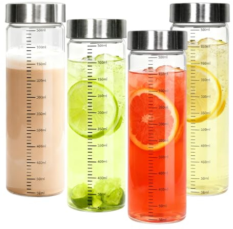 CZCMYAU Bottiglie di vetro da 16 OZ con coperchi in acciaio inox, bocca larga, per acqua, frullati, caffè, latte, tè, bottiglia d'acqua riutilizzabile con bilancia graduata, set da 4