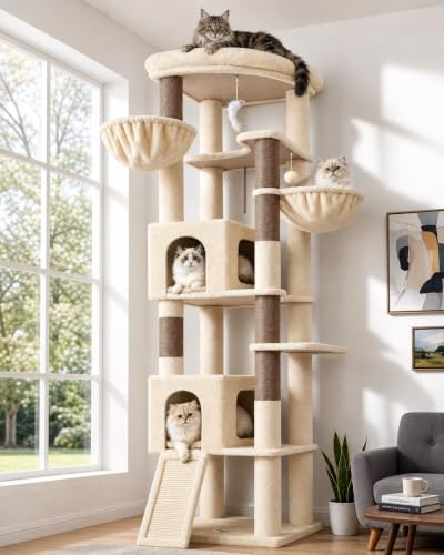 Globlazer Tiragraffi XXL Beige per Gatti Adulti 204 cm con 2 Grandi Grotte 45*30*30cm, Immenso Piattaforma, Rampa Sisal, Stabile Angolare Tiragraffi per Gatti Grandi Riposati Grattati (C80, Beige)