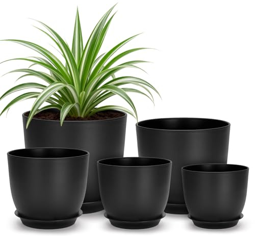 KINGLAKE 5 Pièces Pot de Fleur avec Soucoupes, 17.8/16/14/12.5/11.5 cm Pot Plante Plastique, Petit Cache Pot, pour Interieur Exterieur Jardin Succulentes Herbes-Noir