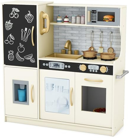 Maxmass Kids Play Kitchen, Wooden Children Pretend Kitchen with Ice Maker, Telephone, Chalkboard, Double Stoves, Dishwasher, Cookware Accessories, Toddler Boys Girls Cooking Toy Playset (Light Yellow)