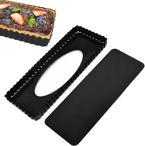 Manqyi Molde Rectangular Antiadherente Tarta Quiche Pan, Molde Rectangular para Tarta Acero Carbono, con Base Extraíble, para Pasteles, Quiches, Muffins Galletas, Negro, 35,6x14,5x3 cm