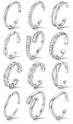 JeweBella 12 Stück Zehenring für Damen Wasserfest 14K Gold Zehenringe Set Verstellbar Offene ZehenRing Band Einfache Zirkonia Herz Blume Kleiner Finger Ringe Silber Sommer Strand Fußschmuck für Frauen