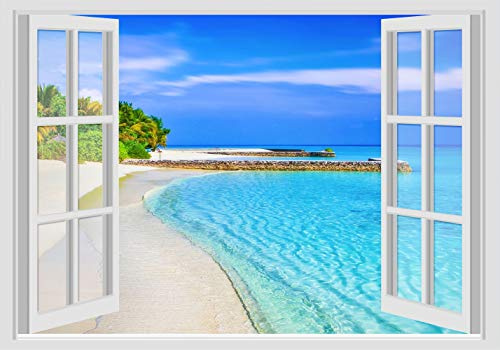 Adesivi Murali Finestra - Paesaggi Vari Mare e Oceano - WALL STICKERS 3D parete muro (70x100 cm, Spiaggia Caraibi - N05)