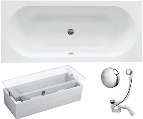 VBChome Badewanne 170x75 cm Acryl SET 3in1 Wannenträger Siphon Wanne Rechteck Weiß Design Modern Styroporträger Ablaufgarnitur in Chrom Viega Simplex für 2 Personen (170x75 cm)