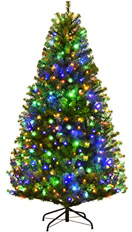 COSTWAY Albero di Natale 120/150/180/210 cm, Albero di Natale con Luci Incorporate 11 Modalità di Illuminazione, 300/600/1000/1570 Rami e Base in Metallo, Perfetta per Casa e Negozio (210cm)