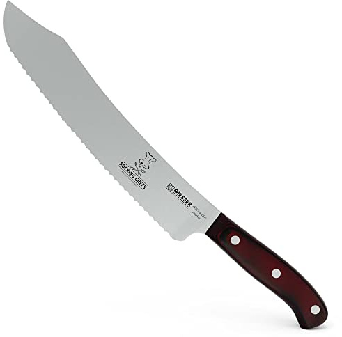 Giesser seit 1776 - Made in Germany - Brotmesser 25 cm Rocking Chefs, PremiumCut Wave No 1, rot, Wellenschliff, Micarta, genietet, rostfrei, deutsches Grillmesser scharf