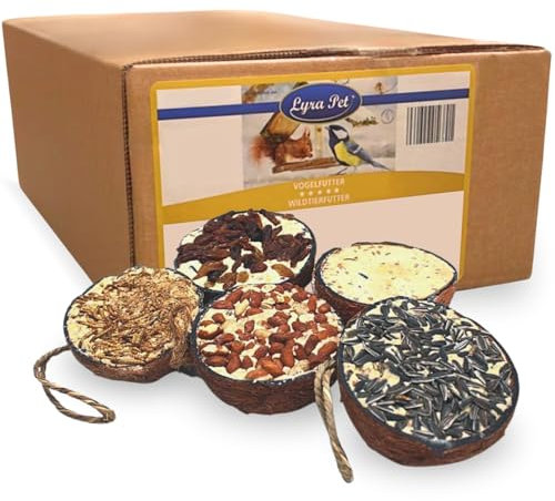 Lyra Pet® | 2 x 10 Halbe Kokosnüsse Gefüllt | Fettreiches Vogelfutter | Kokosnuss mit verschiedenen Toppings | Wildvogelfutter Ganzjährig | Vitaminhaltig & Proteinreich | Fettfutter wie Meisenknödel