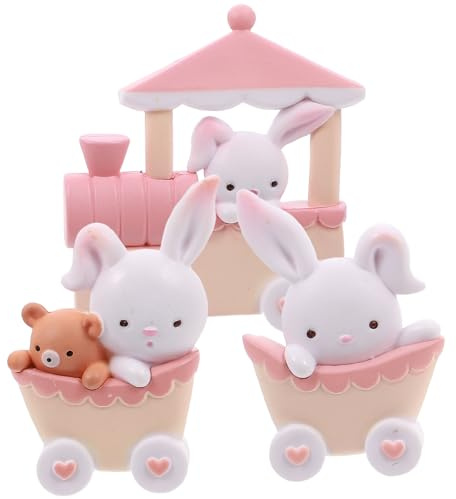 KESYOO 3St. Kaninchen Figur Miniature mit Mini Zug Hase Statue Kuchen Topper Tierfigur Dekofigur für Balkon Fee Garten Ornament Neujahr Geburtstag Ostern Party Tischdeko Tortendeko Rosa Weiß