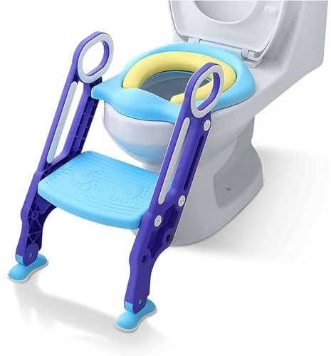 Aufun toilettensitz kinder toilettentrainer mit verstellbarer Treppe Klappbarer Toilettensitz Mit einem PU Kissen geeignet für Toiletten mit 38-42 cm für Kinder von 1-7 Jahren Blau Lila