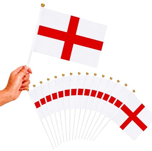 50Pcs England Hand Waving Flags 15 x 21cm with 30cm Pole for FIFA 2026 World Cup – Double Sided St George Cross Hand Flags for Football Matches, Pub Decorations and Street Celebrations
