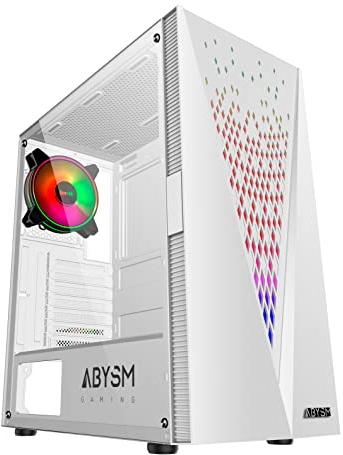 ABYSM Gaming Caja PC Gamer Danube KOLPA Blanca ATX, con Panel de Vidrio Templado, 1 x USB 3.0 y 2 x USB 2.0, Conectores, Filtro Superior y 1 Ventilador Silencioso de 12 cm