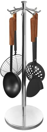 MAYZOLOP Kitchen Countertop Utensil Holder, Stainless Steel Rotatable Cooking Utensils Holder with 8 Rotating Hooks, Hanging Organizer for Spoon, Spatula, Soup Ladle, Spaghetti Server, Skimmer, Chrome