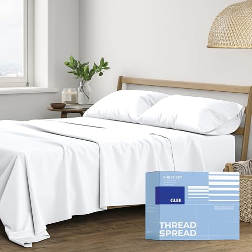 THREAD SPREAD 100% Cotton Bed Sheets Queen Set - 400 Series Glee Collection Cotton Queen Sheets Only, 4 PC Set (White), Soft, Breathable, Cooling, Sateen Weave 16 Deep Pocket Bedsheet