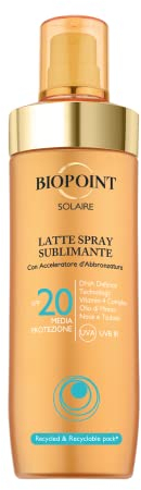 Biopoint Solaire - Latte Solare Spray Sublimante SPF 20 con Acceleratore di Abbronzatura, Azione Antiossidante e Idratante, Dona una Pelle Dorata e Luminosa, 250 ml