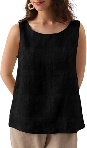 Amazhiyu Women 100% Linen Tank Top-Sleeveless Crewneck Blouse Summer Casual Black Medium