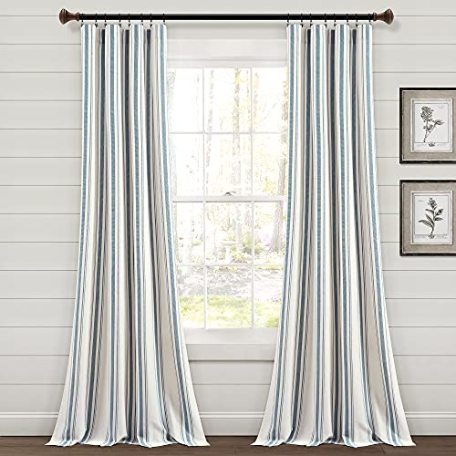 Lush Decor Farmhouse Stripe Yarn Dyed Eco-Friendly Recycled Cotton Window Curtain Panel Pair, 42 W x 95 L, Blue - Classic Modern Rustic Charm - Eco Friendly Cotton Fabric