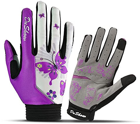 DuShow Fahrradhandschuhe für Damen, Vollfinger, Touchscreen-Mountainbike-Handschuhe, Gel-Polsterung, für Mädchen, mit stoßdämpfendem Pad für MTB, Rennrad, Rennrad, BMX, Schmetterling, Lila, Größe L