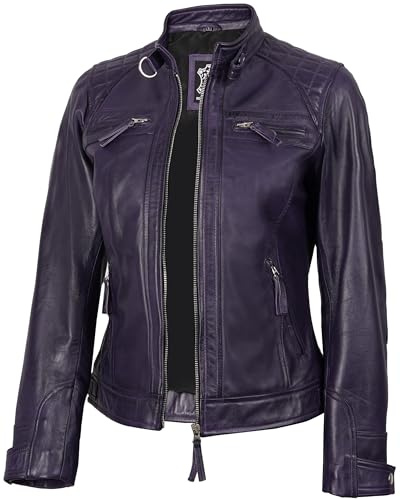 fjackets Chaqueta de piel auténtica para mujer, chaqueta de piel de cordero estilo moto para mujer, Johnson - Chaqueta de piel para mujer, color morado, M