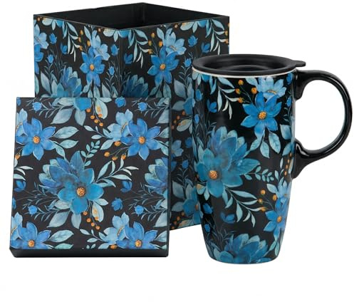 Topadorn Ceramic Travel Mug with Lid 17 oz, Floral