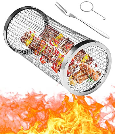 Audasi Cilindro BBQ Cestello per Griglia, Girarrosto Rotondo in Acciaio Inossidabile, Rolling Grill Accessori Basket, Cestello per Cylinder Barbecue per Camping Grigliare Verdure Patatine Fritte Pesce