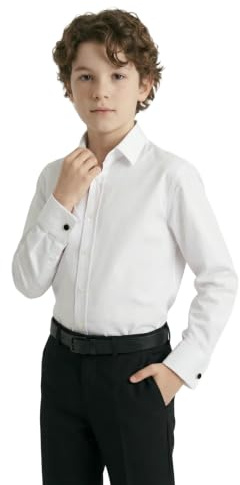SIRRI Boys Slim Fit Long Sleeve Dress Shirt in Premium Cotton Blend with Classic Collar & Cufflinks - Formal White Shirt for Special Occasions Size 12 Years