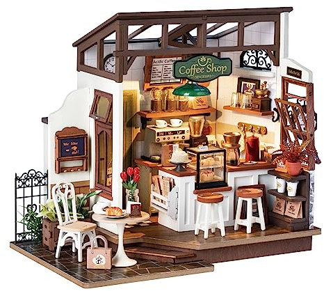 Rolife Puppenhäuser Miniatur Haus Kit mit Möbeln und LED-Licht Puppenhaus Holz Modellbausätze für Erwachsene und Kinder Bauen Weihnachten Geschenke für die Familie (NO.17 Café)