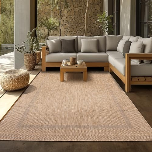 SIMPEX Tappeto Outdoor 240x340 cm Beige Design Bordura Tessuto Piatto Resistente alle Intemperie Lavabile XL per Soggiorno Terrazza Giardino