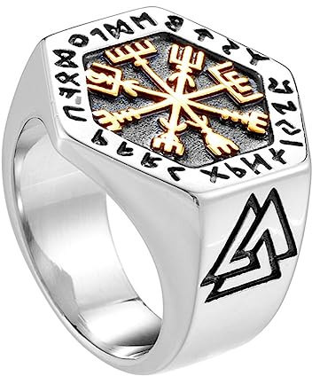 Vegvisir Ring - Nordic Viking Runes Piraten Compass Ring - Herren Damen Edelstahl vergoldet Hexagonal Vintage Baum des Lebens Walknoten Symbol Ring Schmuck