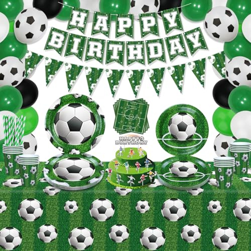 Paquete de 169 suministros de fiesta de fútbol, decoraciones de fiesta de fútbol, decoración de cumpleaños temática de fútbol, platos de fútbol, globos, pancartas, mantel de pelota, vasos, servilletas