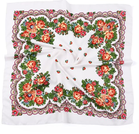 PETOSA Pañuelos cuadrados rusos para la cabeza, diadema ucraniana, hiyab musulmán, pañuelo tradicional, chales, envolturas de tela, blanco2, 70 x 70cm