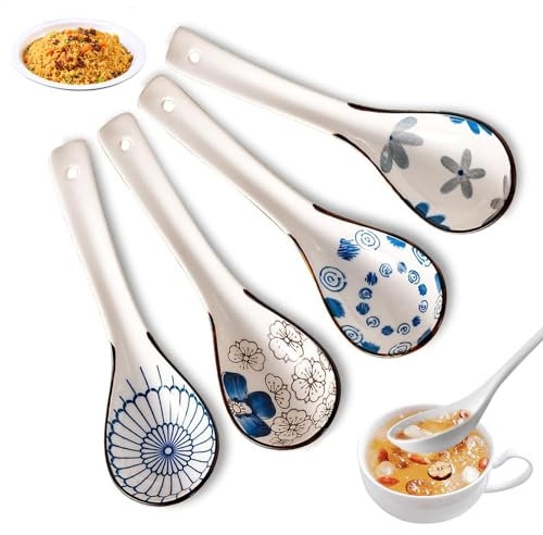 Hengongshen Asiatische Suppenlöffel, 4 Einzigartige Muster ramen Löffel Keramik löffelChinesische Keramik, Chinesische Suppenlöffel Pho, Wontons, Knödel, Klebreisbällchen