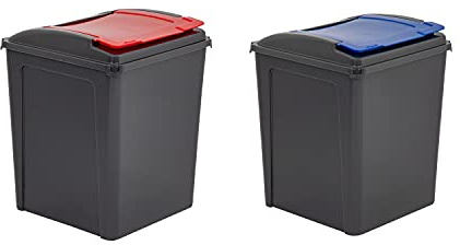 Set of 2 - 50L Litre Large 𝗥𝗘𝗗 𝗮𝗻𝗱 𝗕𝗟𝗨𝗘 Recycling Bin Heavy Duty Plastic Indoor/Outdoor Recycling Waste Rubbish Bins Dustbin with Flip Lid for Kitchen Office Animal Food Storage MADE IN UK