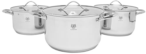 KARL HAUSMANN Topfset Induktion aus Edelstahl, 6-teilig | Töpfe Set 2,6 / 3,6 / 4,7 L, Ø 18 / 20 / 22 cm, Kochtopf mit 3 Glasdeckel mit Dampföffnungen, genietete Griffe, Innenskalen