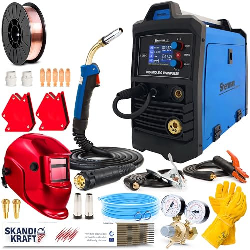 Sherman DIGIMIG 210 Twinpulse - Soldador Inverter Profesional con y Sin Gas de 200 A - MMA, TIG Lift, Soldadura por Puntos - Ajuste de Inductancia y Memoria para 36 Ajustes - Set Premium