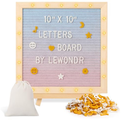 Lewondr Letter Board, 25 x 25 cm Holz Filz Letterboard, Auswechselbar Buchstaben Tafel mit 20 LED Lichter & 340 Buchstaben Zahlen Sonderzeichen, Buchstabentafel Buchstabenbrett Message Board, Bunt