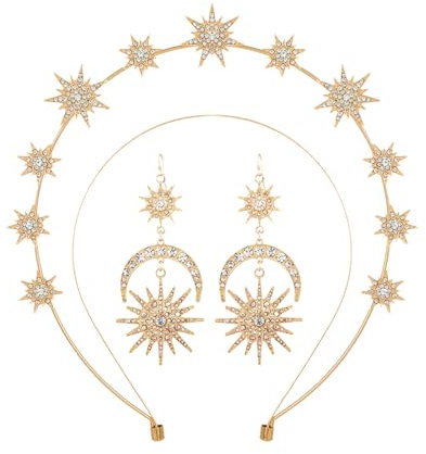 AOVNA 2 x Sonnen-Kopfschmuck, Heiligenschein, Krone, Sterne, Kopf, Krone, Haarreif, Glitzer, Stern, Mond, Ohrringe für Halloween-Kostüm-Zubehör