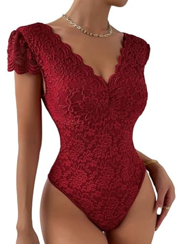 Haibang Body en Dentelle pour Femmes Body Sexy Chic Bodycon Bodysuit Manche Courte Col V Dentelle Top Moulant Haut Shirt Transparente Dos Nu Une Pièc Combinaisons Jumpsuit Élégant Lingerie Clubwear