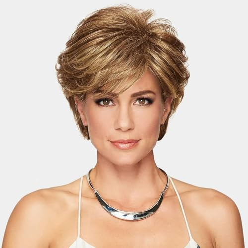 Creamily Peruk Kort Damer Pixie Cut Peruk Kort Hår Med Bangs Naturligt Graderat Syntetiskt Hår Kort Peruk För Kvinnor Creamily Brown Women Peruker (D-brun Blandad Blond Highlight)